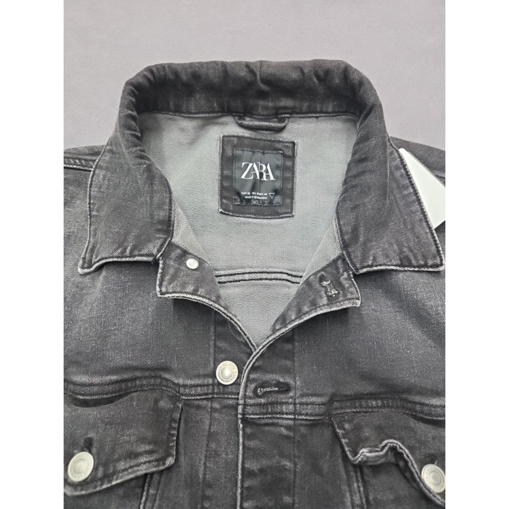 Zara Mens Denim Jacket XL Black Washed Trucker Button Up Coat